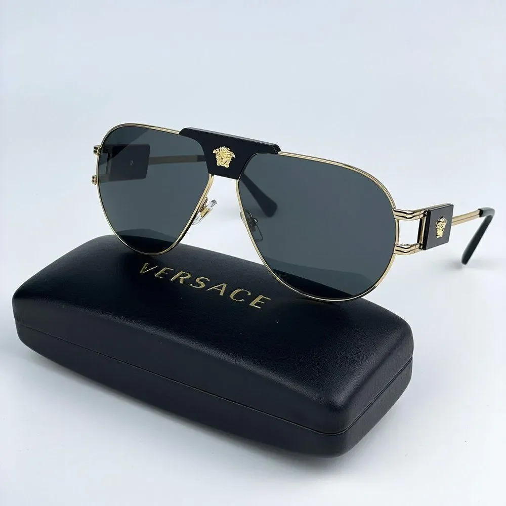 NEW Versace VE2252 100287 BRAND NEW Gold Dark Grey Metal Pilot Unisex Sunglasses